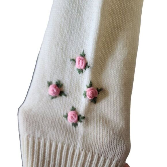 Vintage 50s Wool Sweater Rosette Flowers Cardigan Womens Size M White Pink Pinup - Picture 5 of 7
